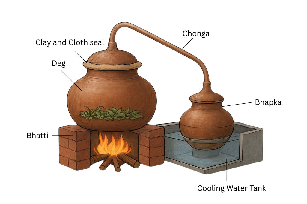 Deg Bhapka process of traditional attar making